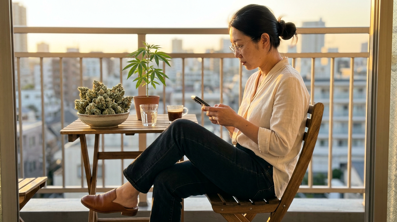 Woman on a balcony reading her phone with a bowl of cannabis buds and a potted cannabis plant on the table
