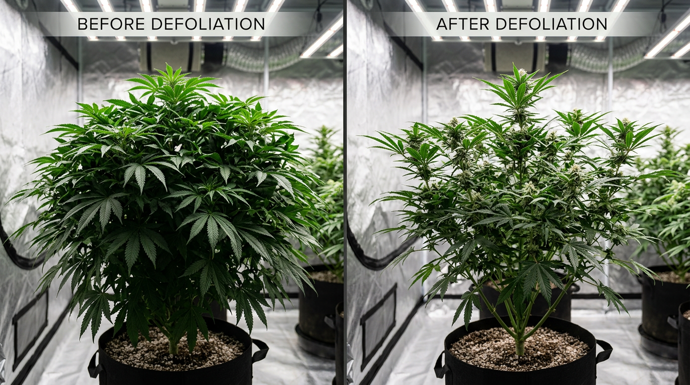 Side by side comparison of cannabis plants before and after strategic defoliation showing improved light penetration to inner bud sites