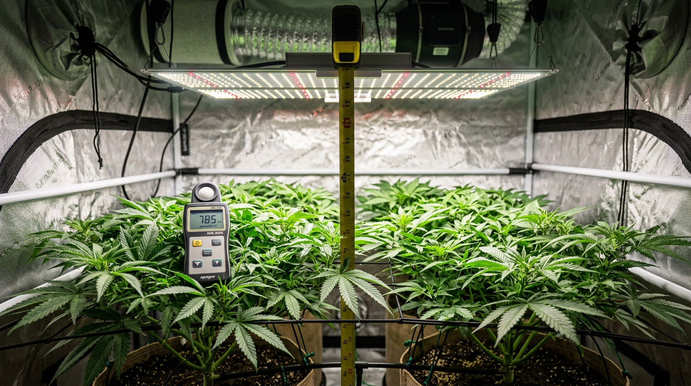 LED grow light hanging above cannabis canopy with measuring tape showing optimal distance and PAR meter reading on canopy level