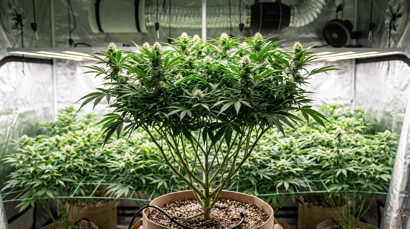 Cannabis plant after lollipopping showing bare lower stems in the bottom third with dense bushy canopy of buds and leaves in the upper portion