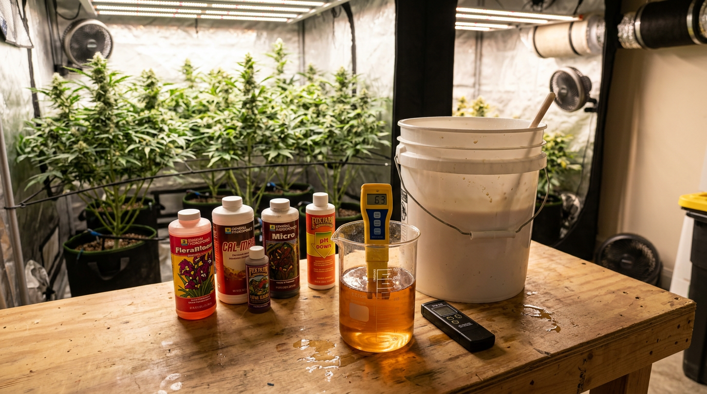 Cannabis nutrient mixing workstation with nutrient bottles, measuring cup, digital pH meter in solution, and TDS EC meter for precise feeding