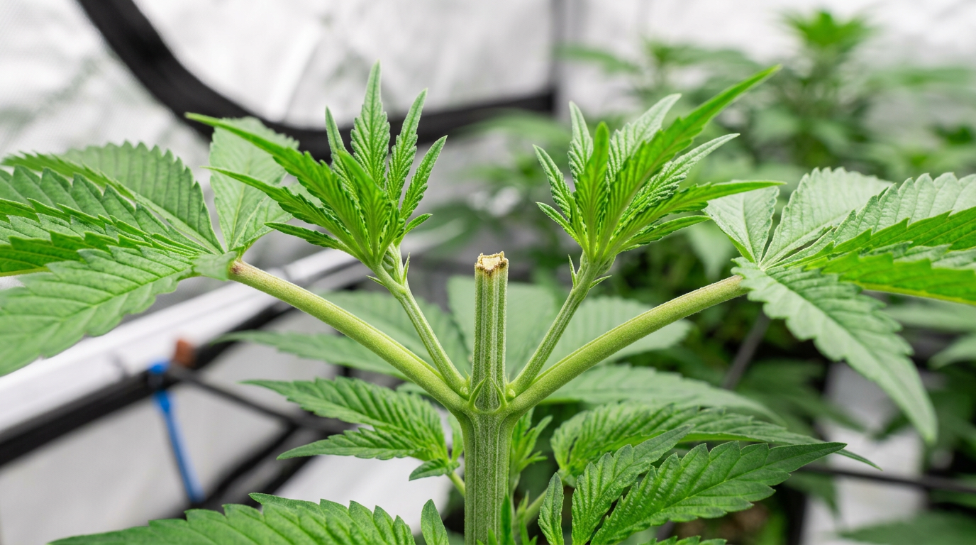 Cannabis plant main stem close-up showing topping technique with clean cut at the main growing tip and two new lateral growth shoots emerging below