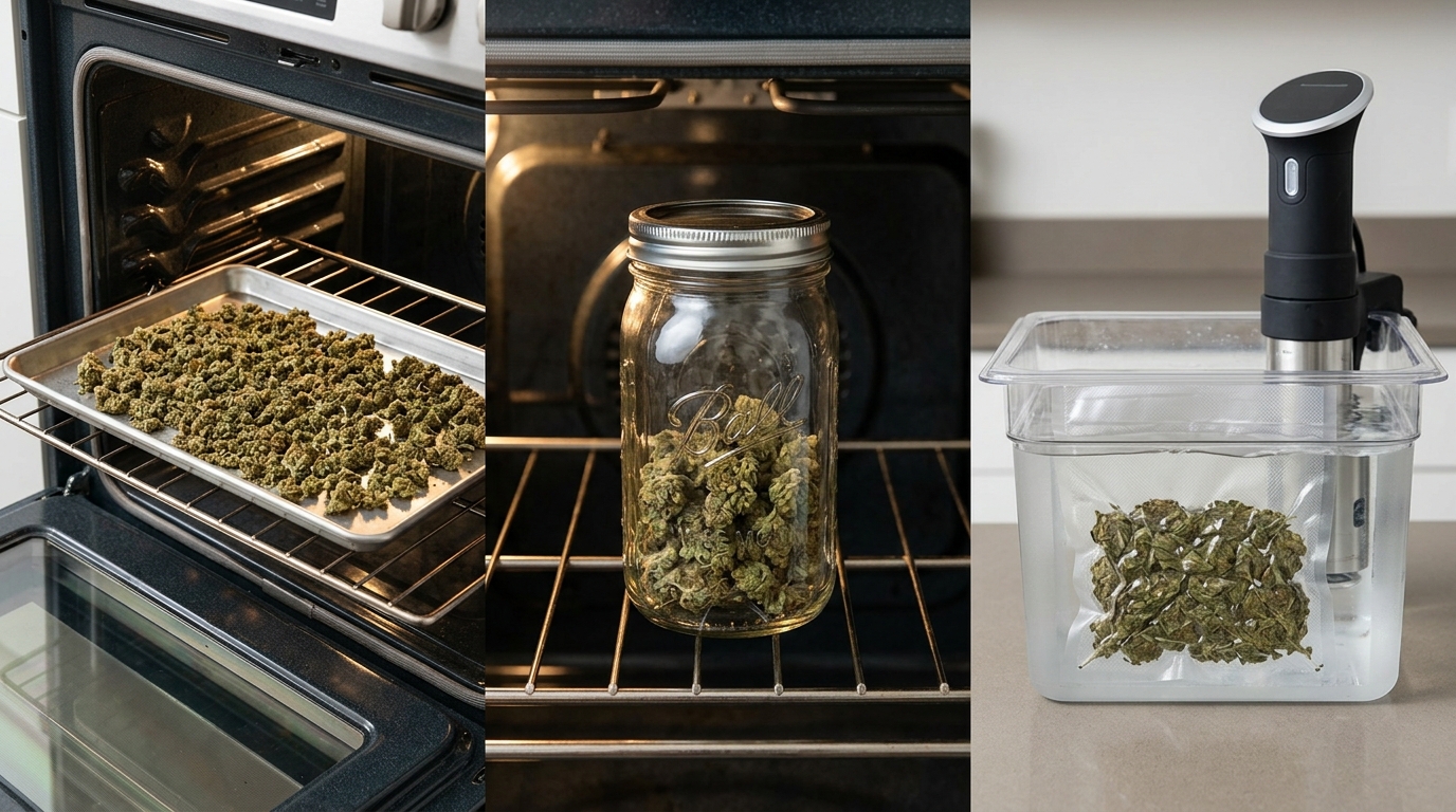 Split-scene showing three decarb methods side by side: open baking sheet in oven, sealed mason jar on oven rack, and sous vide bag submerged in water bath with circulator — process/instructional style - How to Decarboxylate Weed: Temperature, Time, and Methods