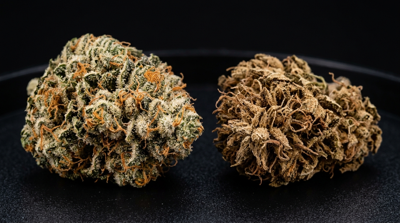 good weed vs bad weed visual comparison showing trichome-rich bud next to dry low-quality cannabis