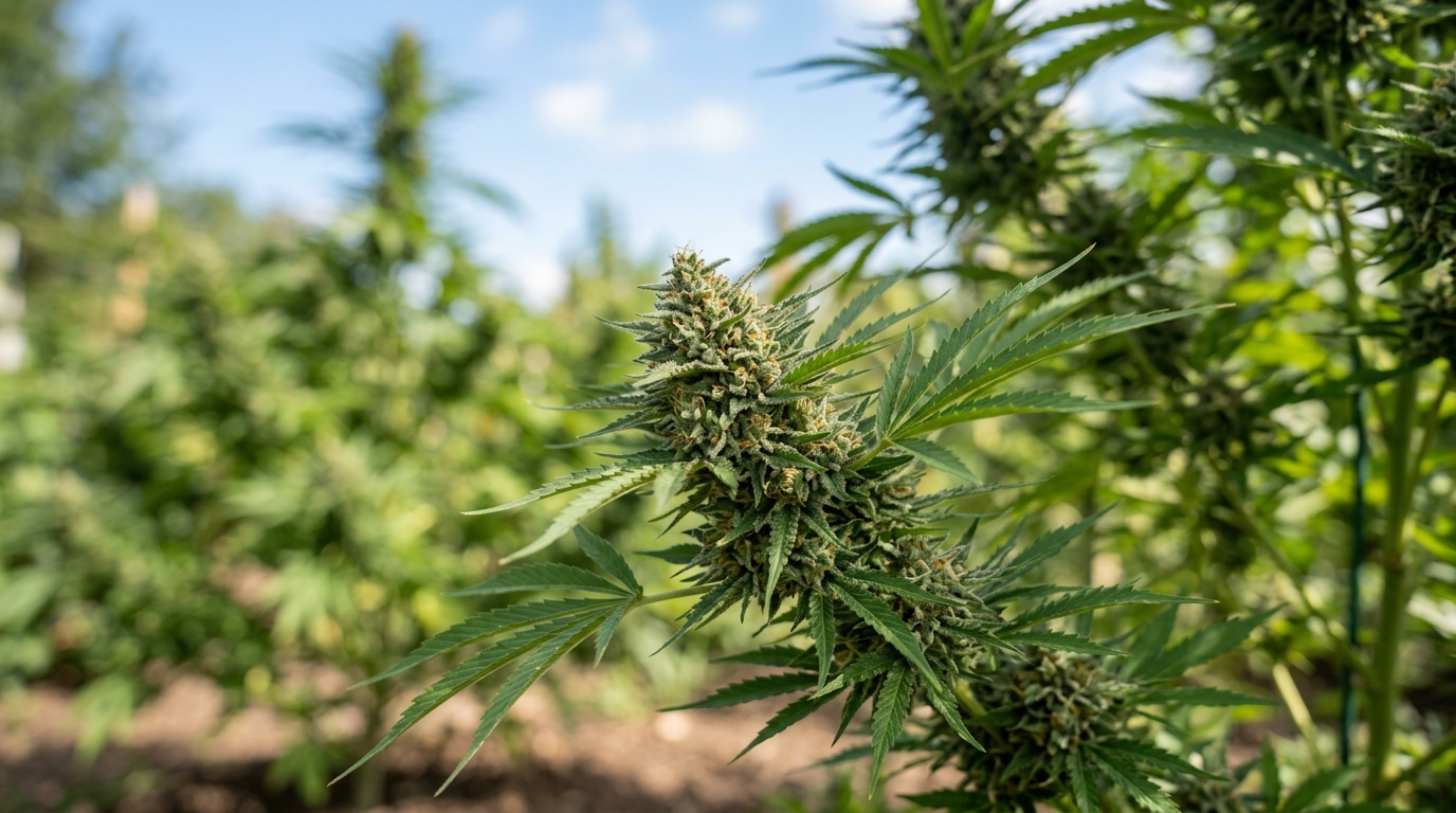 Outdoor cannabis plants growing under natural sunlight in a garden