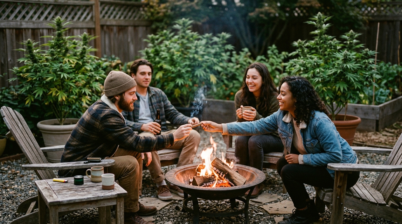 Friends sharing a blunt around a fire pit in a backyard cannabis-friendly gathering