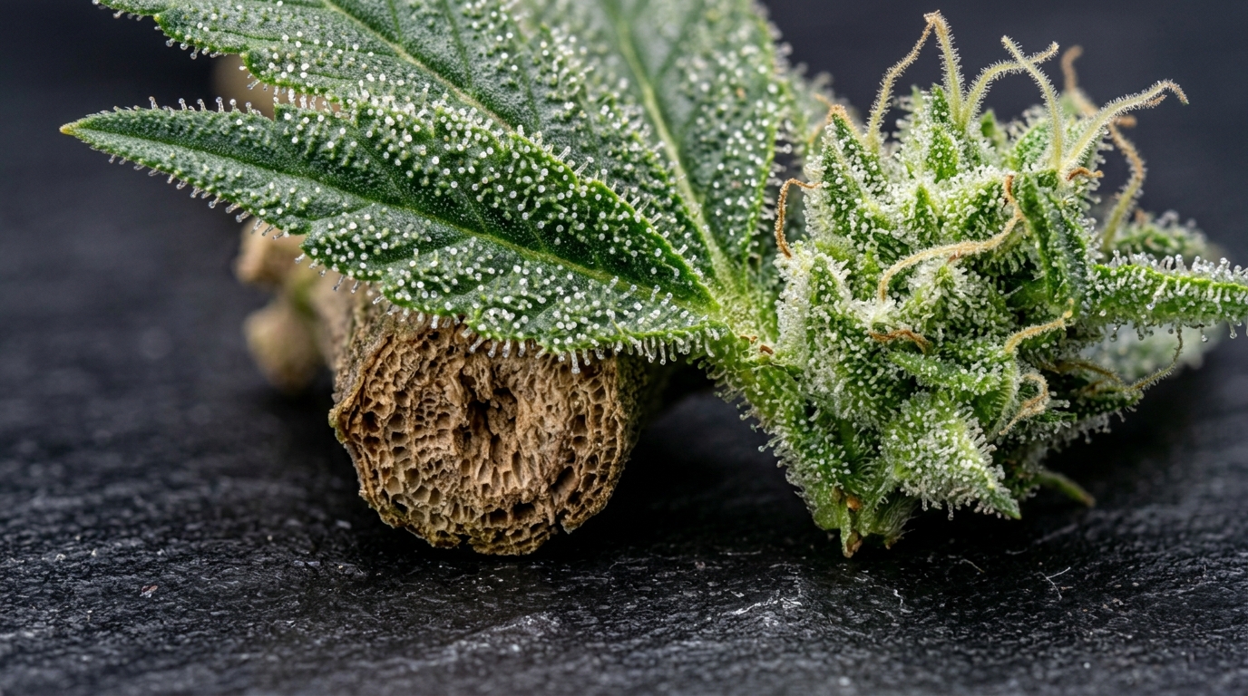 Cannabis plant after lollipopping with bare lower stem and full upper canopy