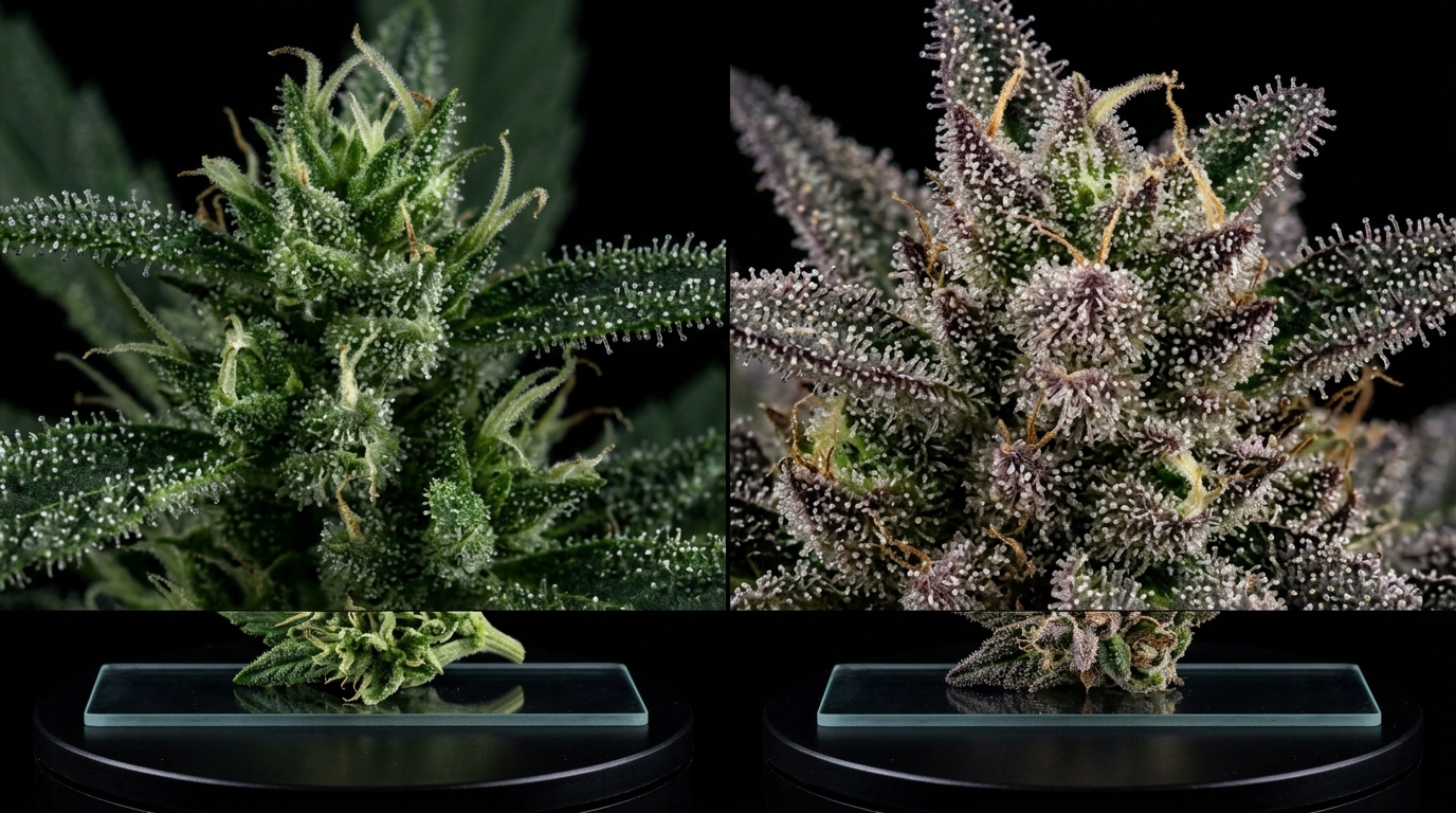 Hemp plant and marijuana cannabis plant side by side showing differences in structure and flower density