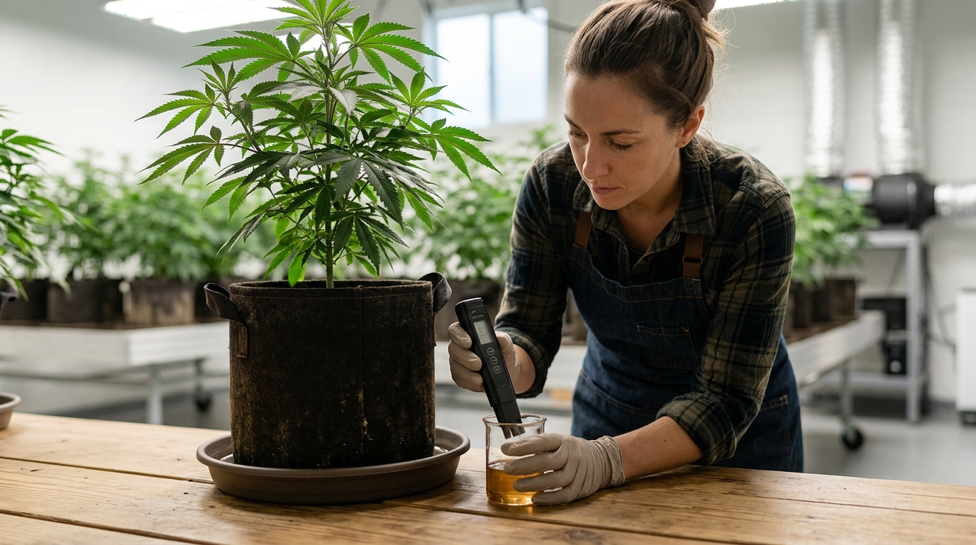 Grower using digital pH meter to test runoff water from cannabis plant to diagnose nutrient lockout