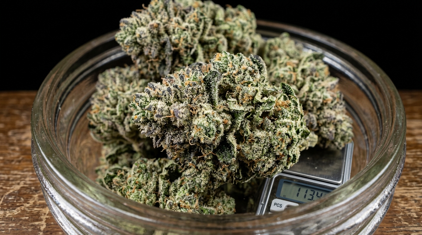 Quarter pound of cannabis buds weighed out on a digital scale at 113.4 grams