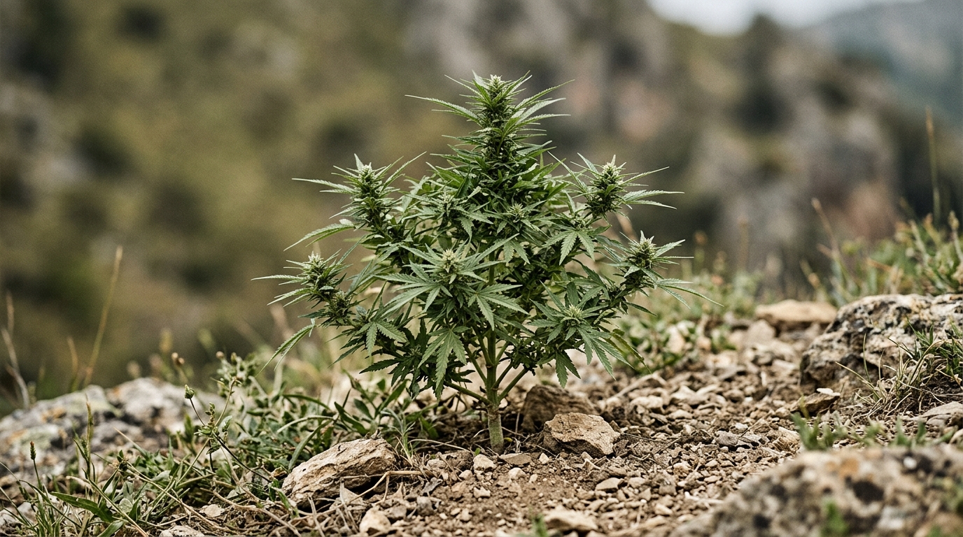 Cannabis ruderalis plant growing wild outdoors showing its compact short structure