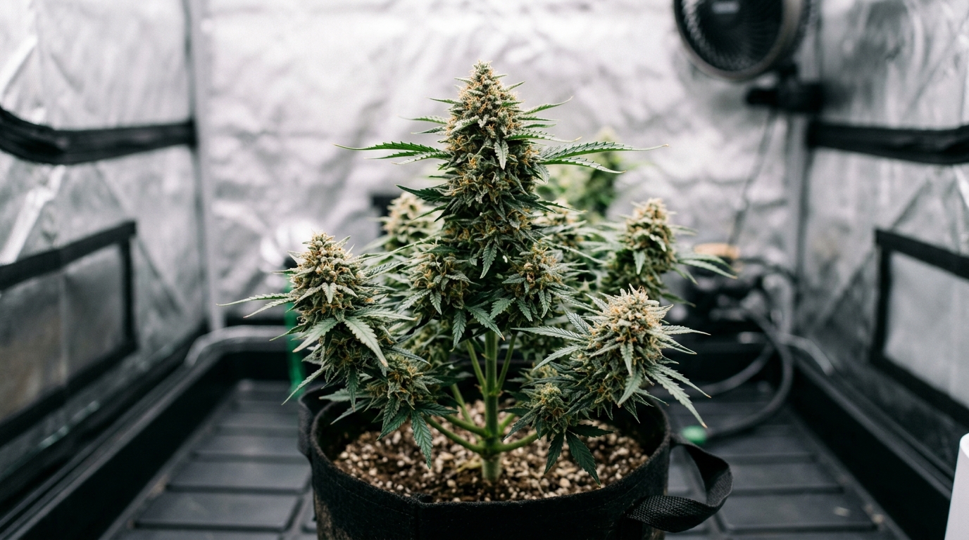 Autoflower cannabis plant with ruderalis genetics growing indoors in a compact grow tent with dense buds