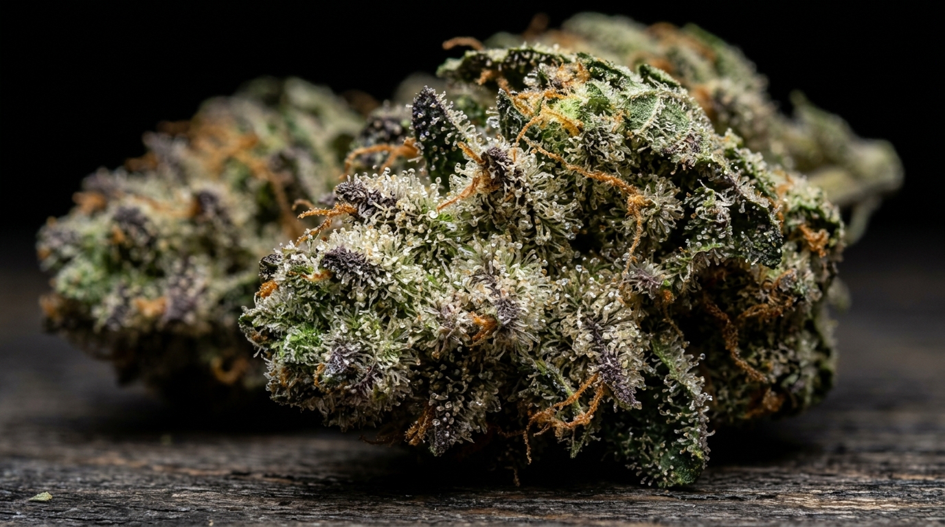 Skunk weed cannabis buds covered in trichomes showing high-THC genetics