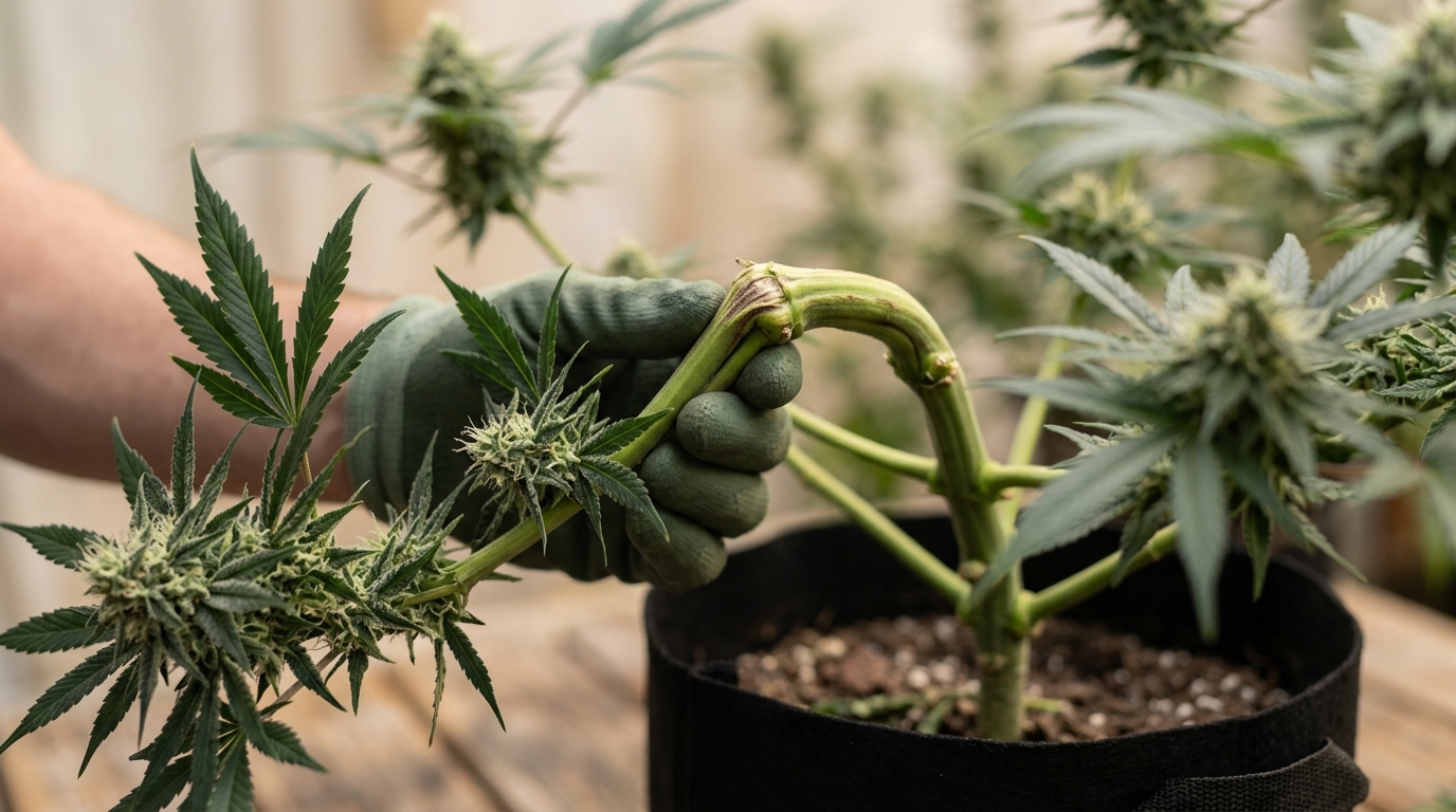 Cannabis branch supercropping technique showing bent stem and knuckle formation
