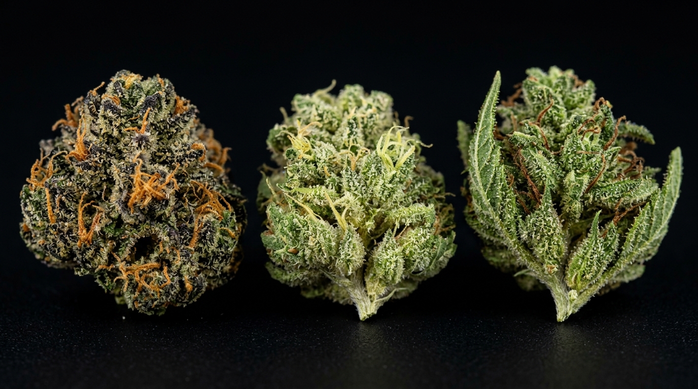 Different cannabis cultivars showing varied bud structure, color, and trichome coverage