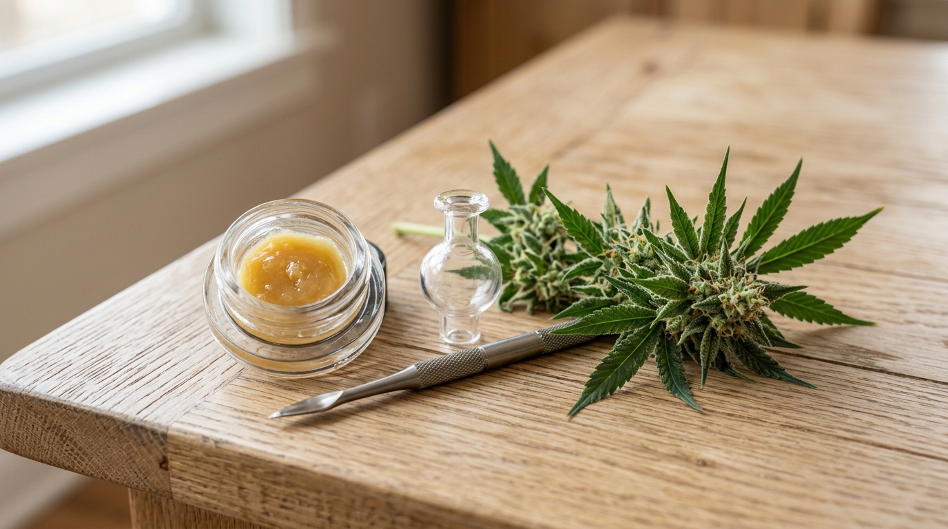 Dabbing tools including dabber tool, carb cap, and cannabis rosin concentrate on wooden surface