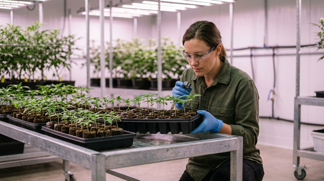 Cannabis breeder comparing genotype expressions across multiple seedling phenotypes in a grow room