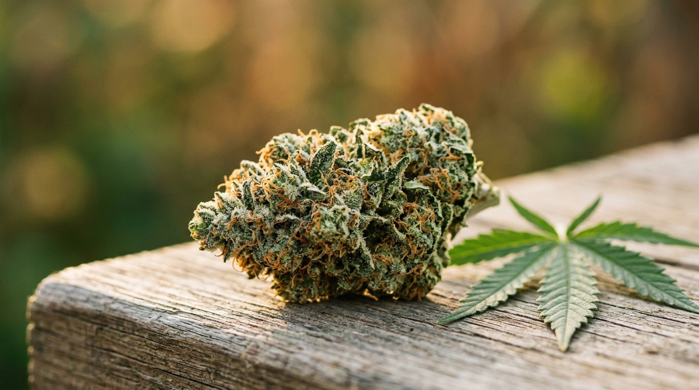 hybrid cannabis strain bud with visible trichomes in natural outdoor light