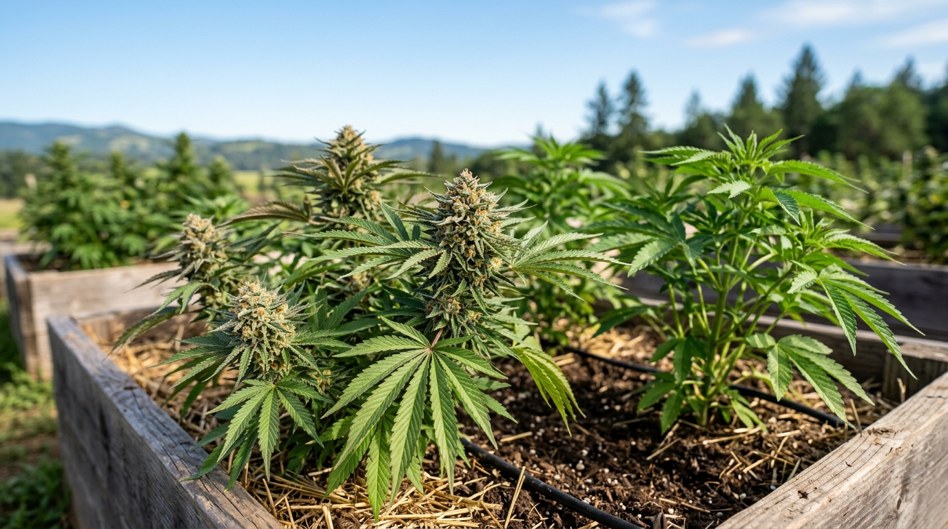 outdoor hybrid cannabis plants growing in a garden under natural sunlight