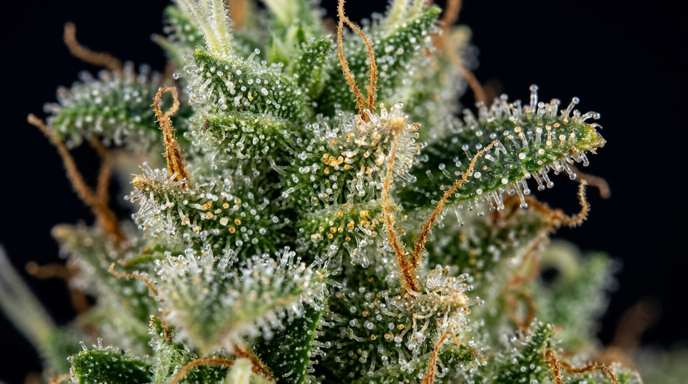 Myrcene-rich cannabis trichomes on a dense cannabis bud