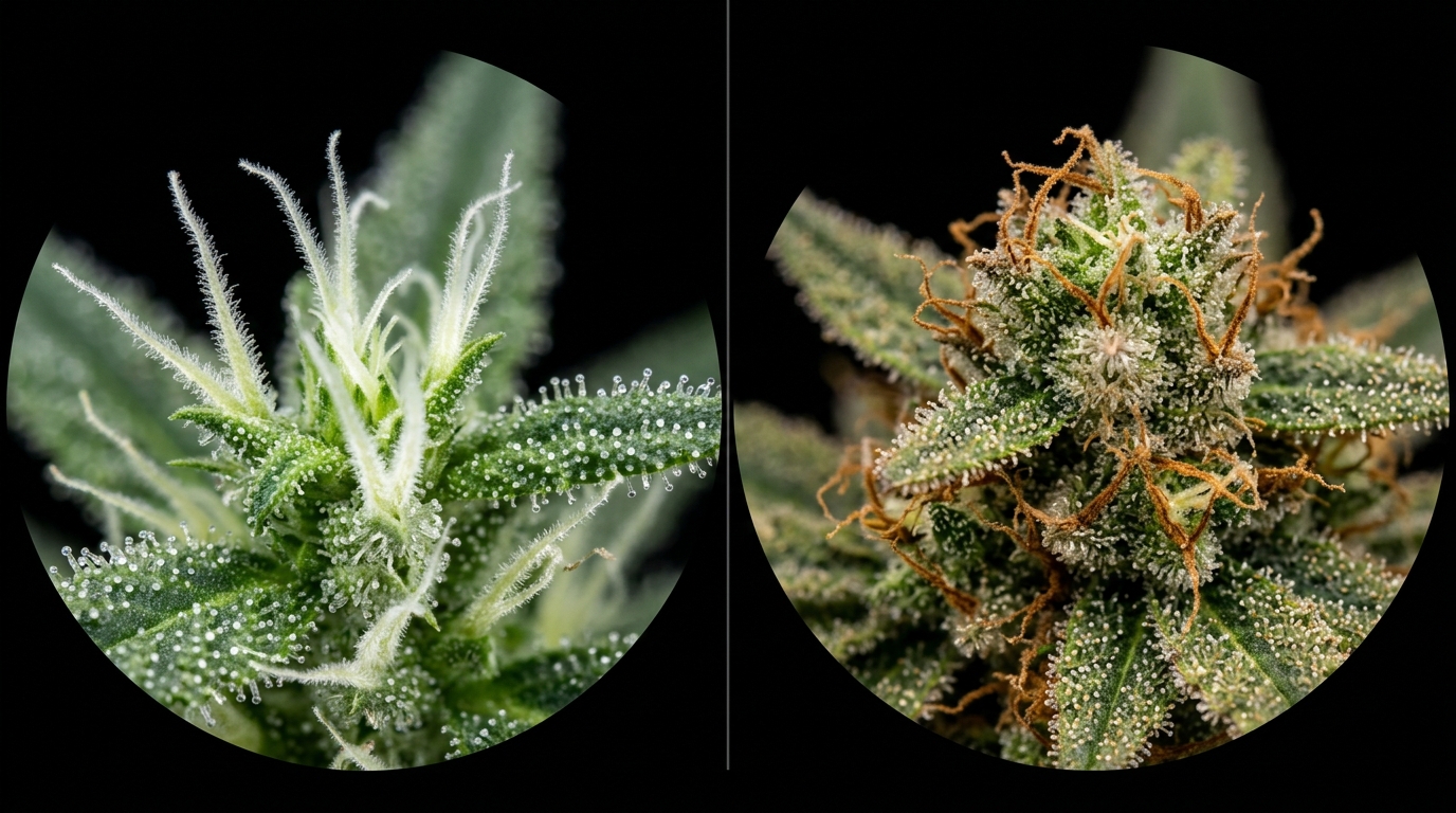 Cannabis pistil color stages from white early flower to orange mature bud at harvest