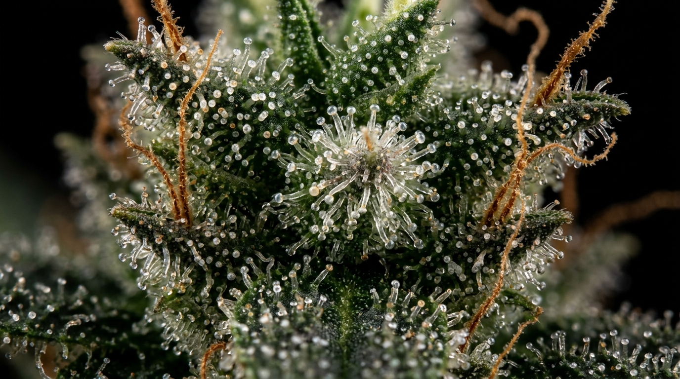 THC-rich cannabis trichomes on a mature marijuana bud