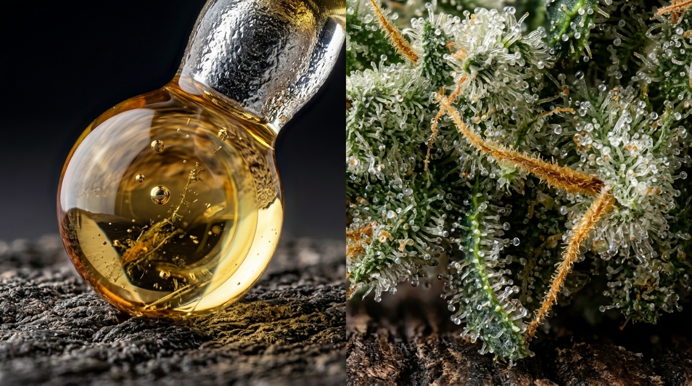 CBD oil tincture next to cannabis flower showing different CBD product forms