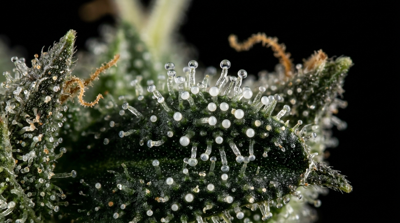 Cannabis trichomes at early harvest stage showing peak CBG cannabigerol concentration window