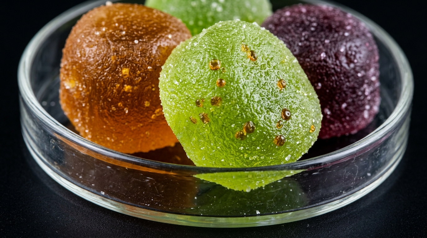 Colorful cannabis-infused gummies in a glass bowl, a popular edible format