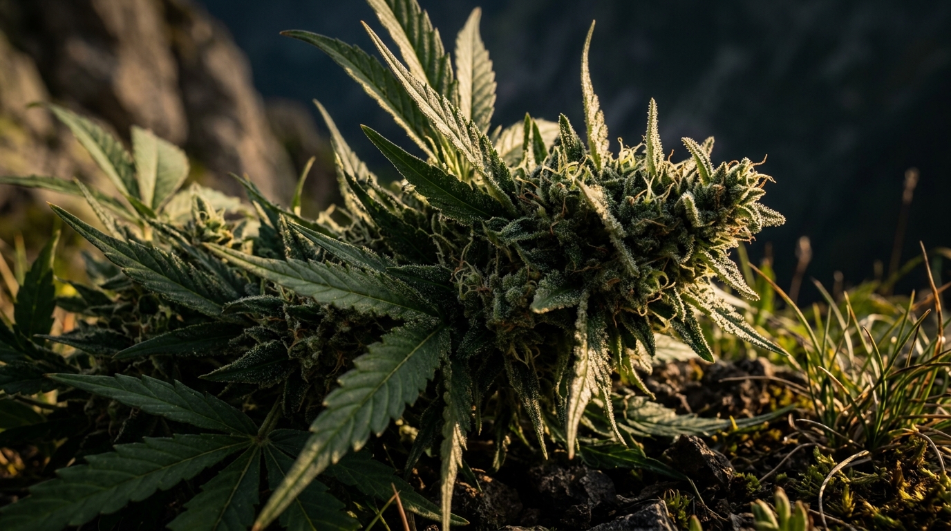 Indica cannabis plant with broad leaves growing outdoors