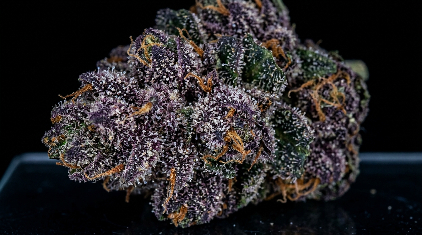 Close-up of dense indica cannabis buds with heavy trichome coverage