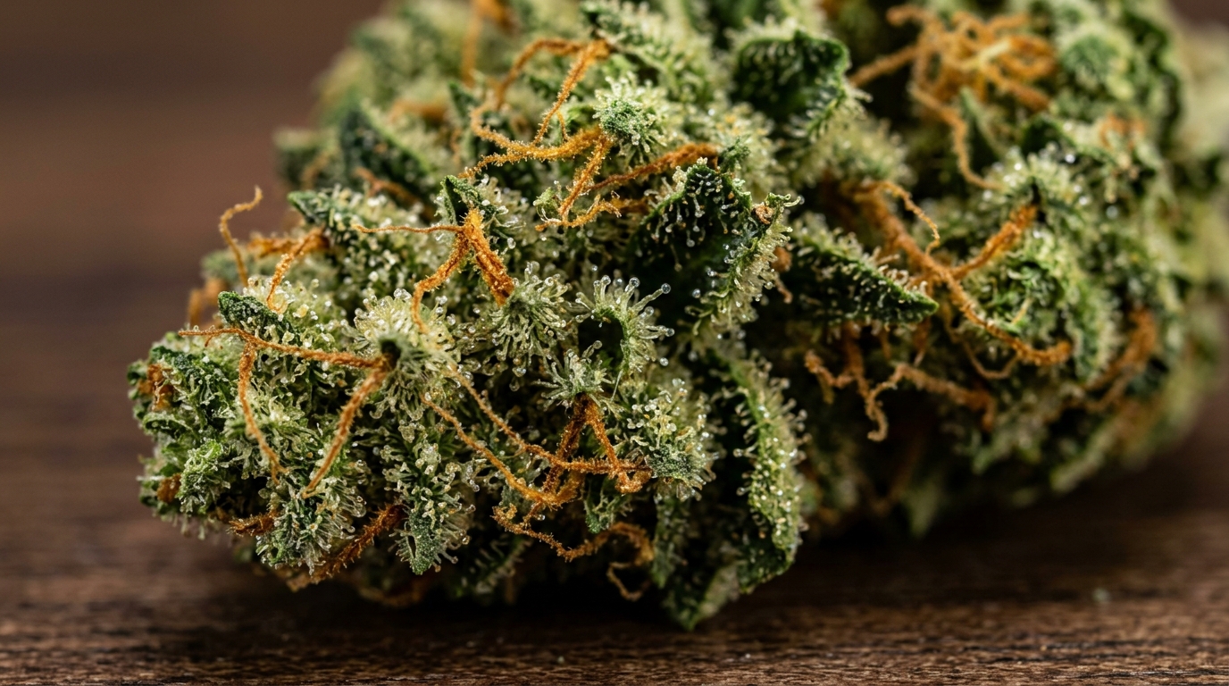 Close-up of sativa cannabis buds showing airy structure with orange pistils and trichomes